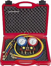 Четырехпозиционный аналоговый манометрический коллектор и напорные шланги с шаровым краном для хладагентов R410A, R32 Rothenberger Plus II 5/16 SAE Четырехпозиционный аналоговый манометрический коллектор и напорные шланги с шаровым краном для хладагентов R410A, R32 Rothenberger Plus II 5/16 SAE